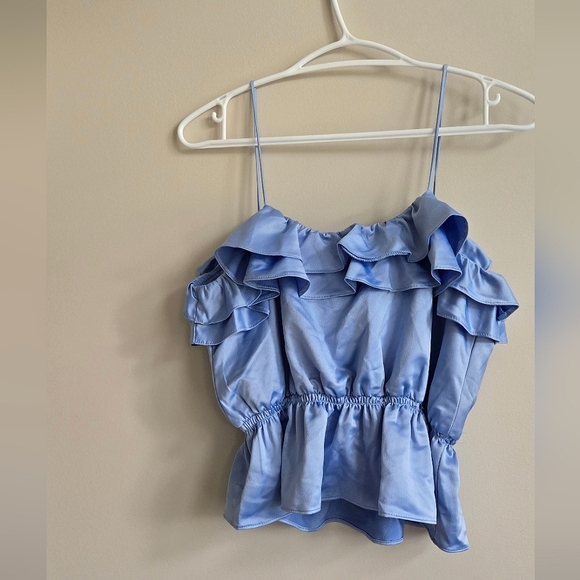 NEW Topshop Satin Blue Ruffle Blouse - Size 4 - Picture 5 of 7